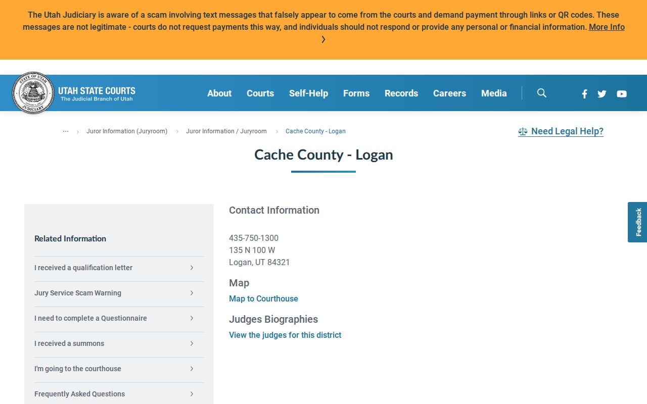 Cache County warrant search, First District Court Cache contact page