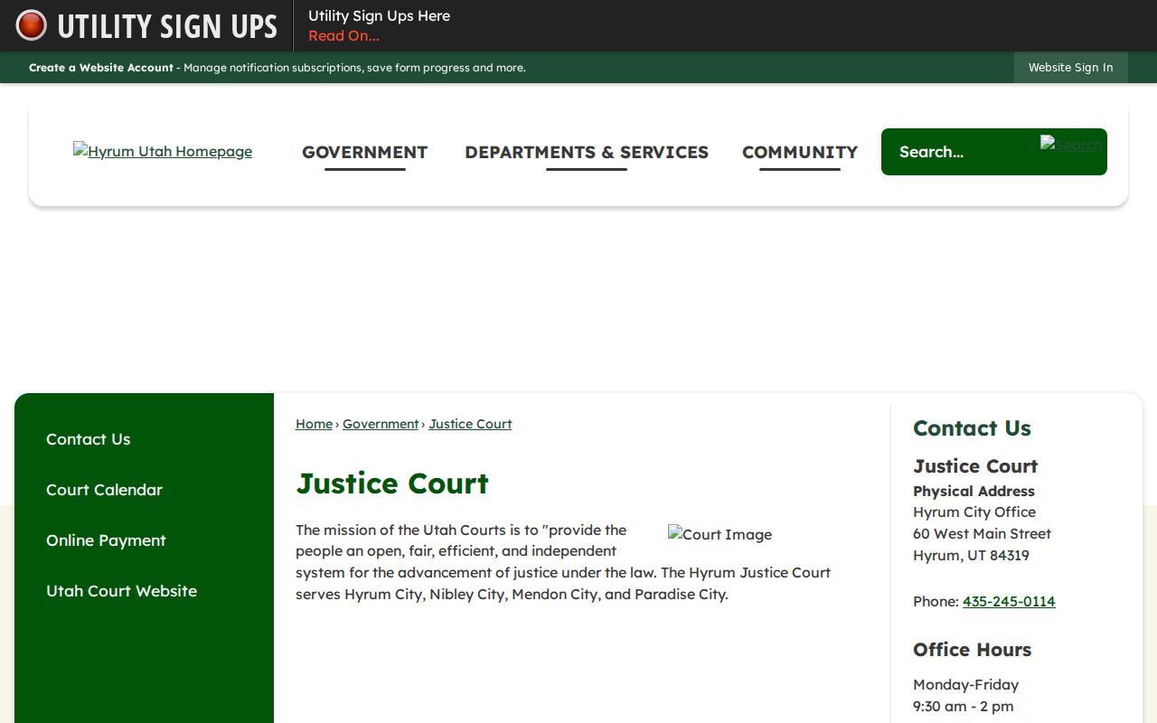 Hyrum Justice Court contact and shared jurisdiction for Hyrum warrant records