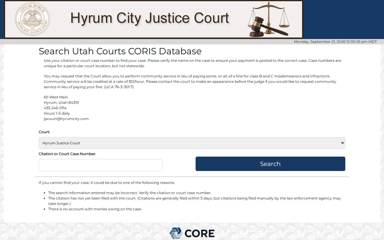 Hyrum warrant case payment portal selector for Cache County citation and case lookup