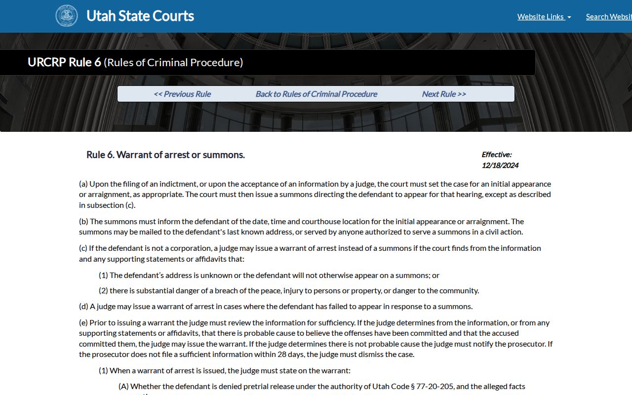 Cache County arrest warrants, Utah Rule 6 summons and warrant requirements