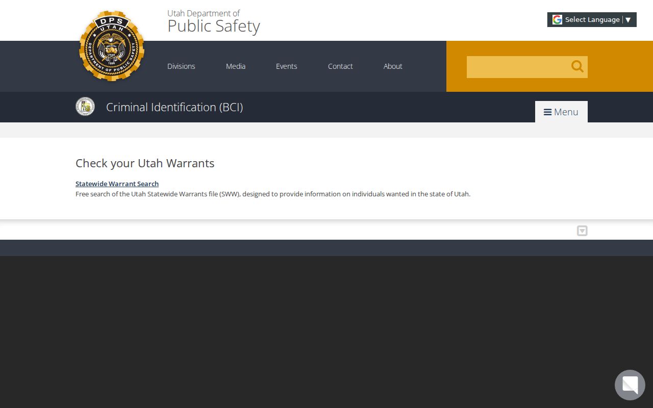 Cache County warrant records, Utah BCI statewide search entry page