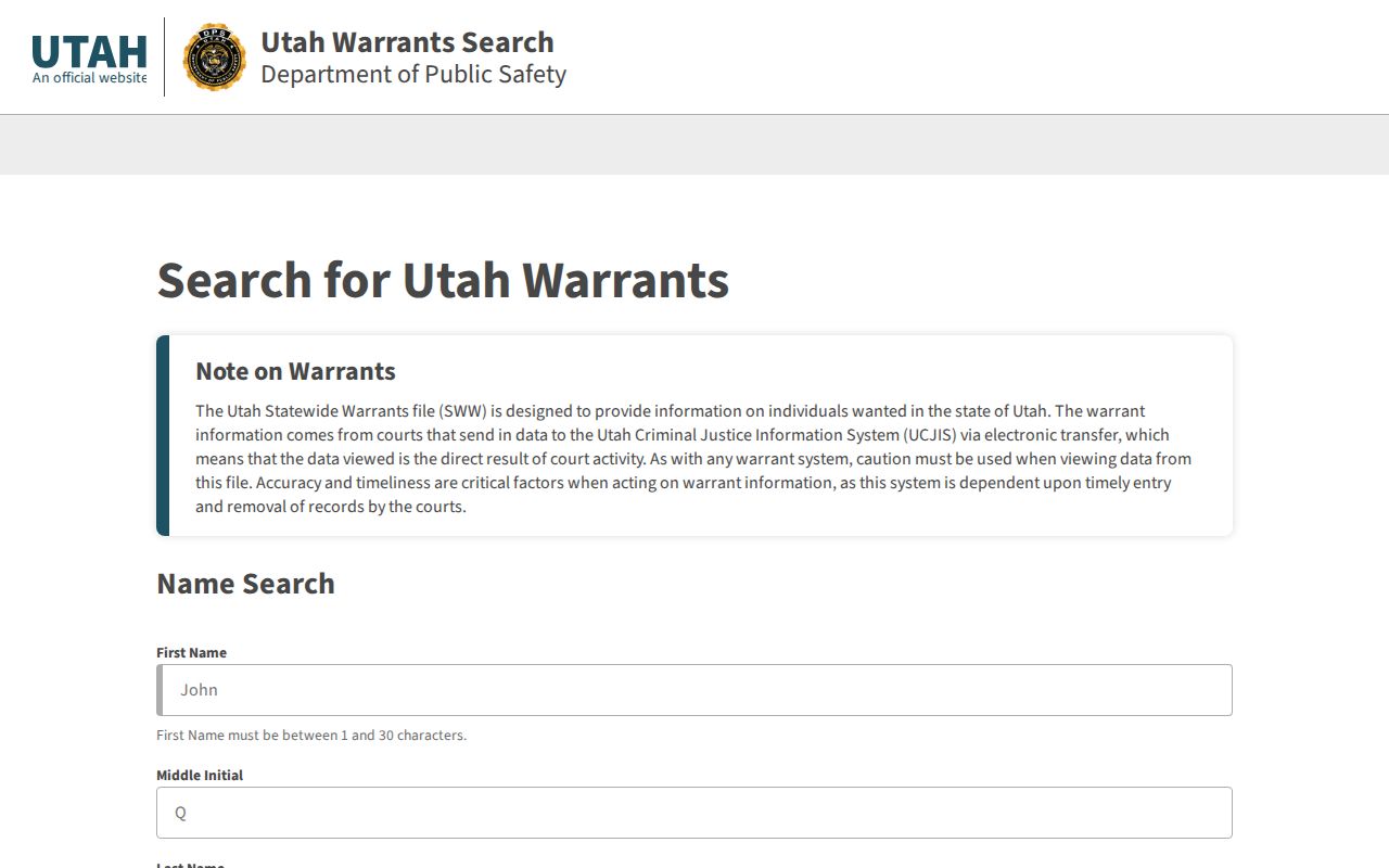 Cache County warrant records, public Utah Statewide Warrant Search portal