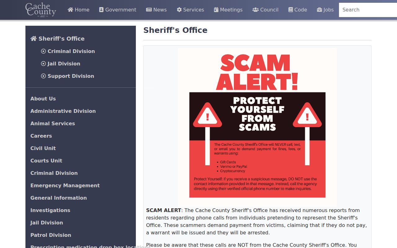 Cache County warrant records, sheriff notice on warrant-payment scams